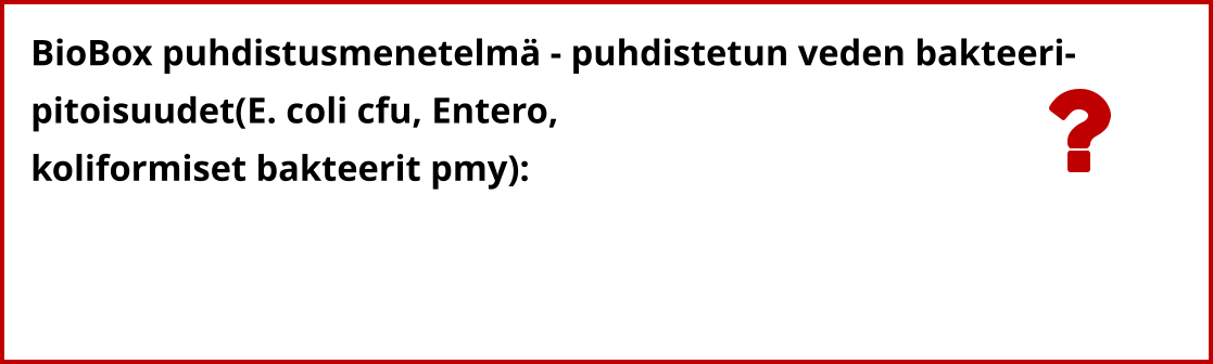 BioBox puhdistusmenetelmä - puhdistetun veden bakteeri- pitoisuudet(E. coli cfu, Entero,  koliformiset bakteerit pmy):