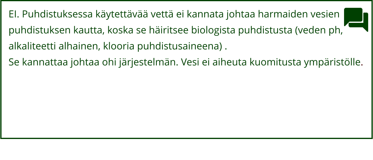 EI. Puhdistuksessa käytettävää vettä ei kannata johtaa harmaiden vesien  puhdistuksen kautta, koska se häiritsee biologista puhdistusta (veden ph,  alkaliteetti alhainen, klooria puhdistusaineena) .  Se kannattaa johtaa ohi järjestelmän. Vesi ei aiheuta kuomitusta ympäristölle.