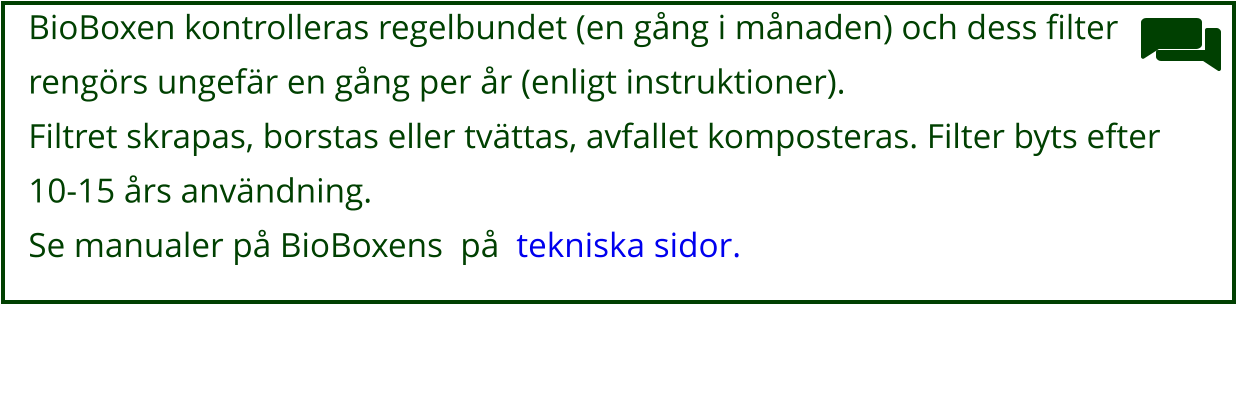BioBoxen kontrolleras regelbundet (en gång i månaden) och dess filter  rengörs ungefär en gång per år (enligt instruktioner). Filtret skrapas, borstas eller tvättas, avfallet komposteras. Filter byts efter  10-15 års användning. Se manualer på BioBoxens  på  tekniska sidor.