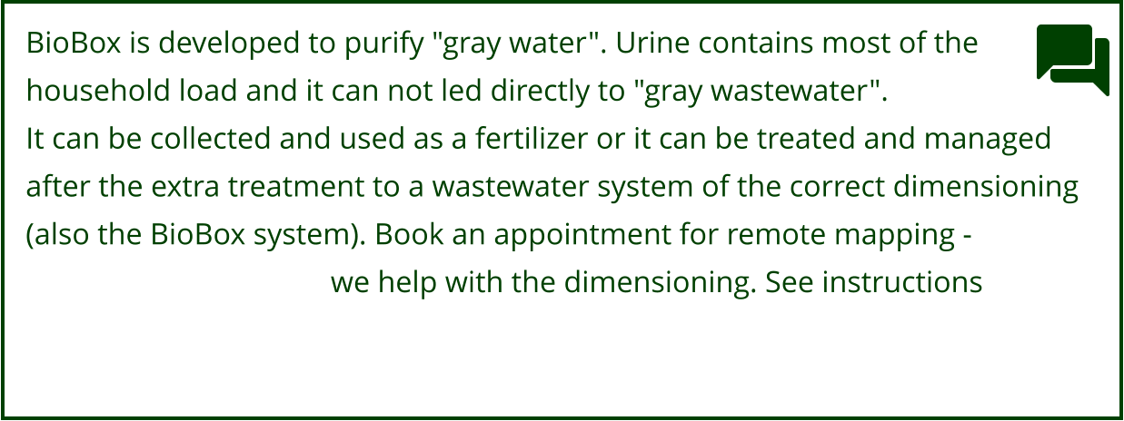 BioBox is developed to purify "gray water". Urine contains most of the  household load and it can not led directly to "gray wastewater".  It can be collected and used as a fertilizer or it can be treated and managed  after the extra treatment to a wastewater system of the correct dimensioning   (also the BioBox system). Book an appointment for remote mapping -                                         we help with the dimensioning. See instructions