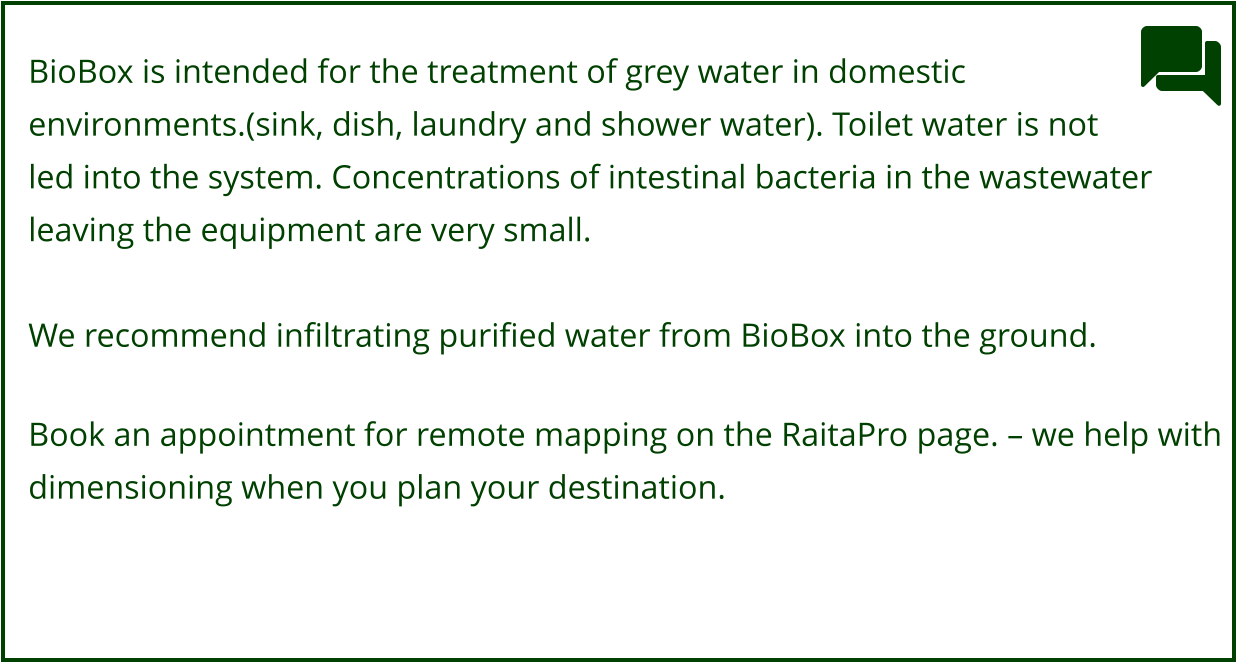 BioBox is intended for the treatment of grey water in domestic  environments.(sink, dish, laundry and shower water). Toilet water is not  led into the system. Concentrations of intestinal bacteria in the wastewater  leaving the equipment are very small.  We recommend infiltrating purified water from BioBox into the ground.  Book an appointment for remote mapping on the RaitaPro page. – we help with dimensioning when you plan your destination.