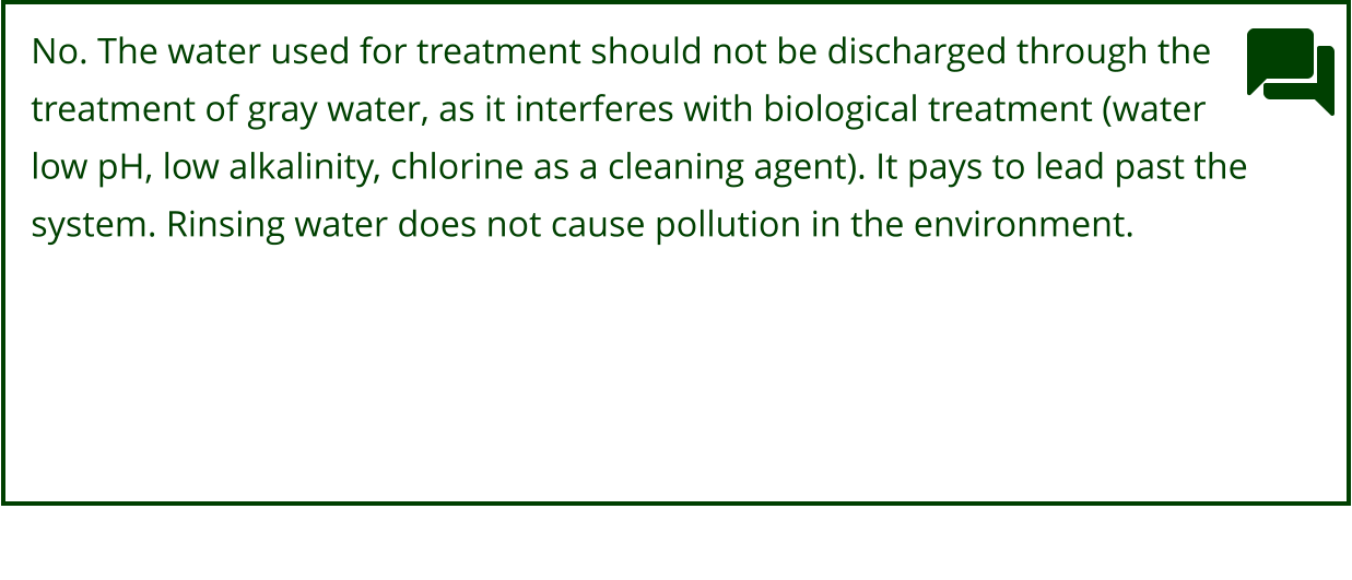 No. The water used for treatment should not be discharged through the  treatment of gray water, as it interferes with biological treatment (water  low pH, low alkalinity, chlorine as a cleaning agent). It pays to lead past the  system. Rinsing water does not cause pollution in the environment.