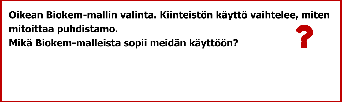 Oikean Biokem-mallin valinta. Kiinteistön käyttö vaihtelee, miten  mitoittaa puhdistamo.  Mikä Biokem-malleista sopii meidän käyttöön?