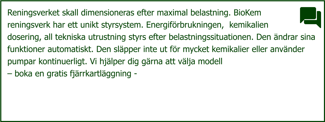 Reningsverket skall dimensioneras efter maximal belastning. BioKem  reningsverk har ett unikt styrsystem. Energiförbrukningen,  kemikalien  dosering, all tekniska utrustning styrs efter belastningssituationen. Den ändrar sina  funktioner automatiskt. Den släpper inte ut för mycket kemikalier eller använder  pumpar kontinuerligt. Vi hjälper dig gärna att välja modell  – boka en gratis fjärrkartläggning -