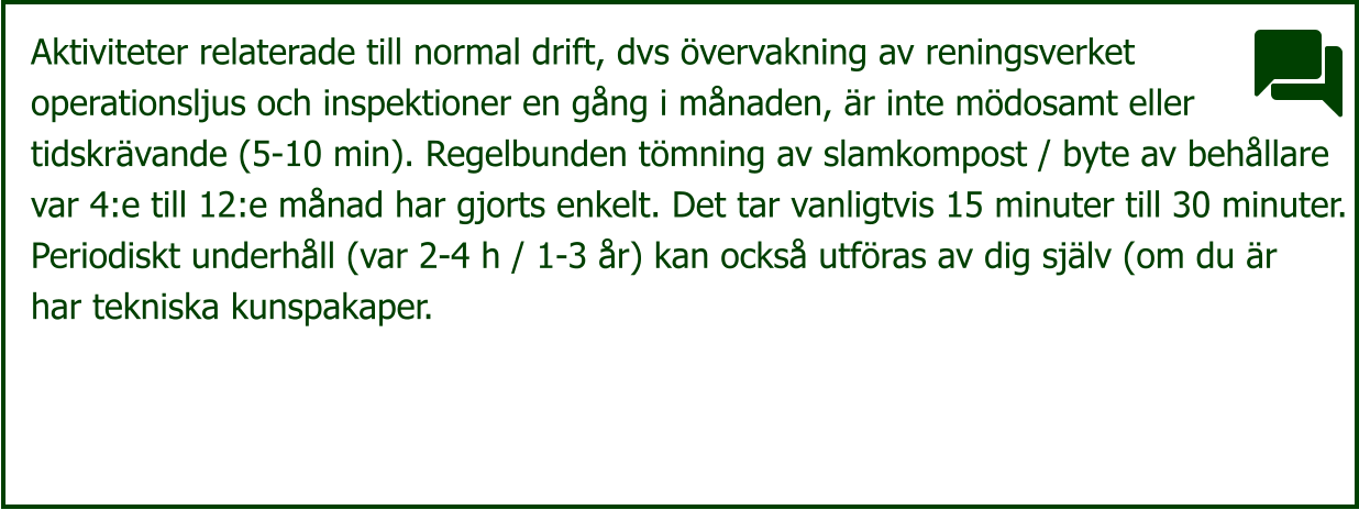 Aktiviteter relaterade till normal drift, dvs övervakning av reningsverket  operationsljus och inspektioner en gång i månaden, är inte mödosamt eller  tidskrävande (5-10 min). Regelbunden tömning av slamkompost / byte av behållare  var 4:e till 12:e månad har gjorts enkelt. Det tar vanligtvis 15 minuter till 30 minuter.  Periodiskt underhåll (var 2-4 h / 1-3 år) kan också utföras av dig själv (om du är har tekniska kunspakaper.