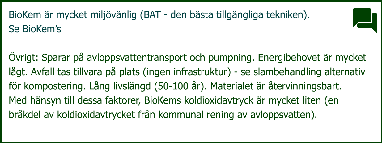 BioKem är mycket miljövänlig (BAT - den bästa tillgängliga tekniken).  Se BioKem’s  Övrigt: Sparar på avloppsvattentransport och pumpning. Energibehovet är mycket  lågt. Avfall tas tillvara på plats (ingen infrastruktur) - se slambehandling alternativ  för kompostering. Lång livslängd (50-100 år). Materialet är återvinningsbart.  Med hänsyn till dessa faktorer, BioKems koldioxidavtryck är mycket liten (en  bråkdel av koldioxidavtrycket från kommunal rening av avloppsvatten).