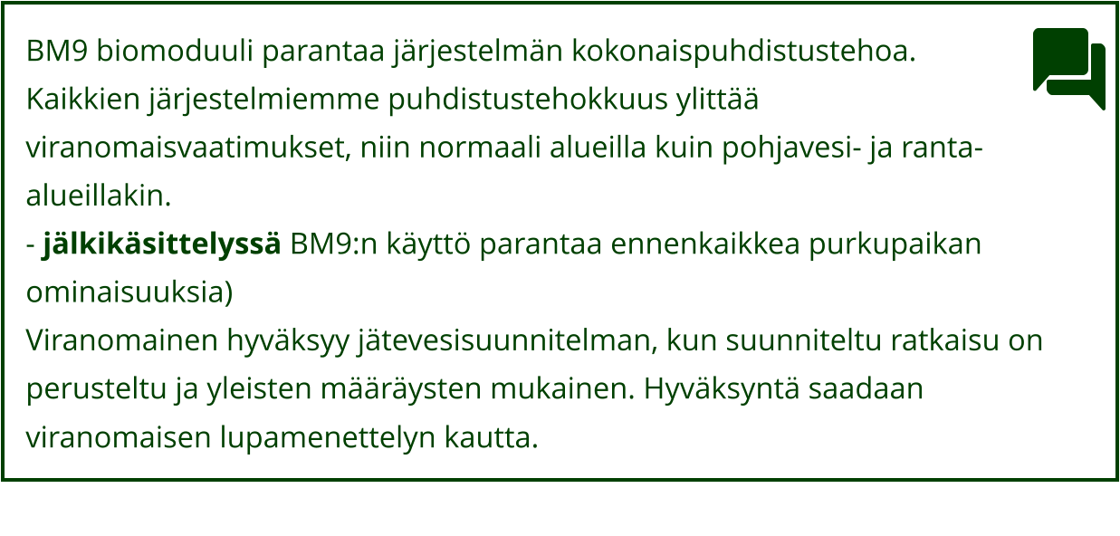 BM9 biomoduuli parantaa järjestelmän kokonaispuhdistustehoa.  Kaikkien järjestelmiemme puhdistustehokkuus ylittää  viranomaisvaatimukset, niin normaali alueilla kuin pohjavesi- ja ranta- alueillakin.  - jälkikäsittelyssä BM9:n käyttö parantaa ennenkaikkea purkupaikan  ominaisuuksia)  Viranomainen hyväksyy jätevesisuunnitelman, kun suunniteltu ratkaisu on  perusteltu ja yleisten määräysten mukainen. Hyväksyntä saadaan  viranomaisen lupamenettelyn kautta.
