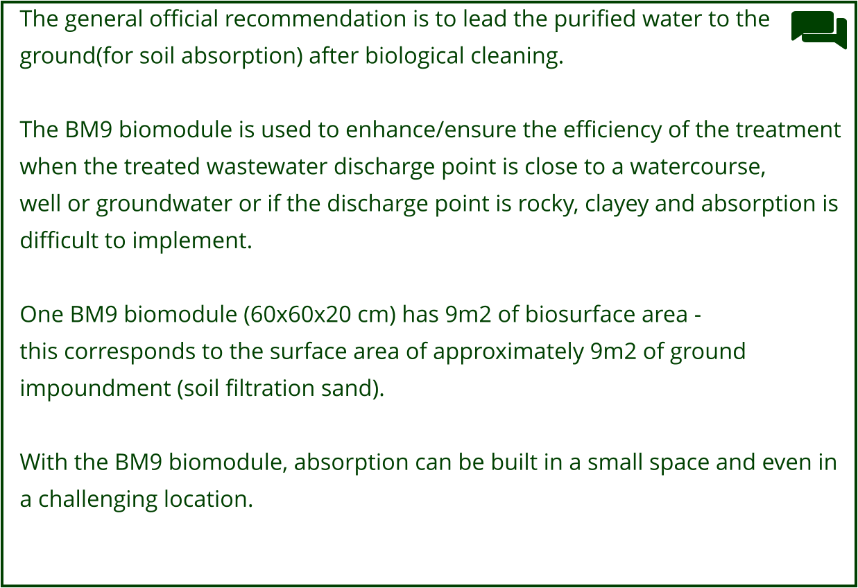 The general official recommendation is to lead the purified water to the  ground(for soil absorption) after biological cleaning.  The BM9 biomodule is used to enhance/ensure the efficiency of the treatment  when the treated wastewater discharge point is close to a watercourse, well or groundwater or if the discharge point is rocky, clayey and absorption is  difficult to implement.  One BM9 biomodule (60x60x20 cm) has 9m2 of biosurface area -  this corresponds to the surface area of ​​approximately 9m2 of ground  impoundment (soil filtration sand).  With the BM9 biomodule, absorption can be built in a small space and even in  a challenging location.