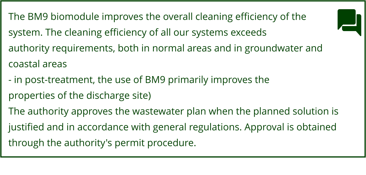 The BM9 biomodule improves the overall cleaning efficiency of the  system. The cleaning efficiency of all our systems exceeds authority requirements, both in normal areas and in groundwater and  coastal areas - in post-treatment, the use of BM9 primarily improves the properties of the discharge site) The authority approves the wastewater plan when the planned solution is justified and in accordance with general regulations. Approval is obtained  through the authority's permit procedure.